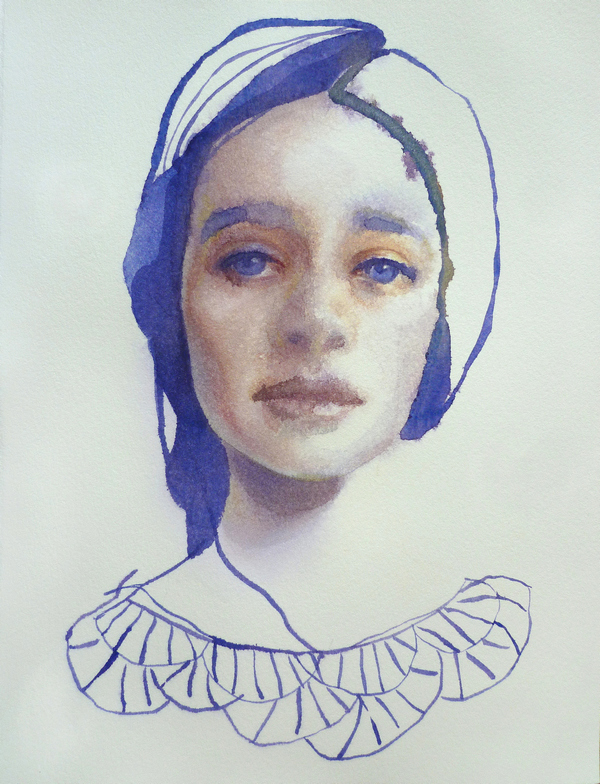Girl with blue lace watercolor Artist Tatiana Sereda
