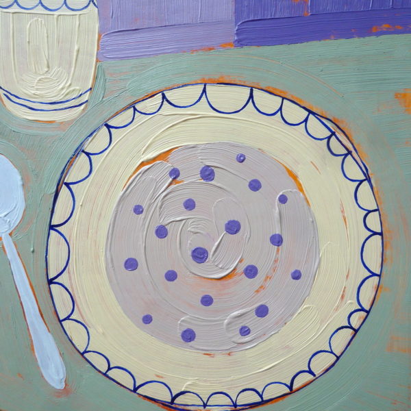 Tatiana Sereda_Oatmeal with blueberries green tea Oil on cardboard