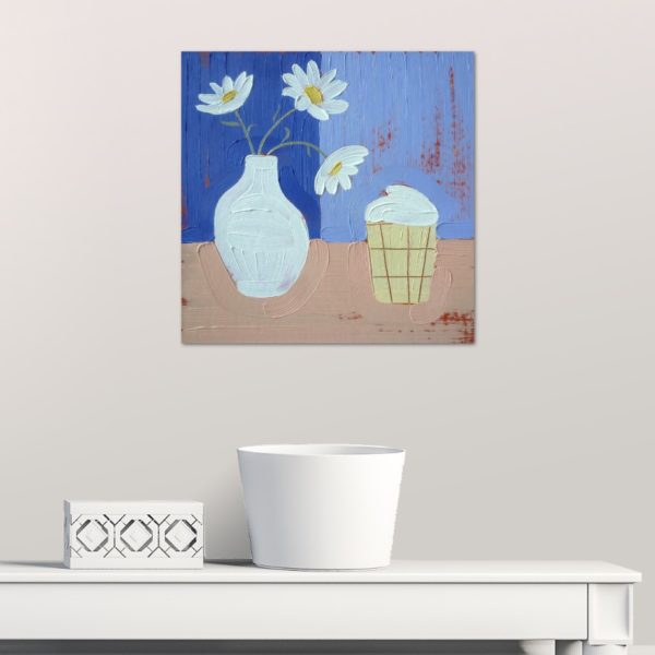 Still life with ice cream and daisies_oil on cardboard_20x20 cm_Tatiana Sereda натюрморт с мороженым в интерьере